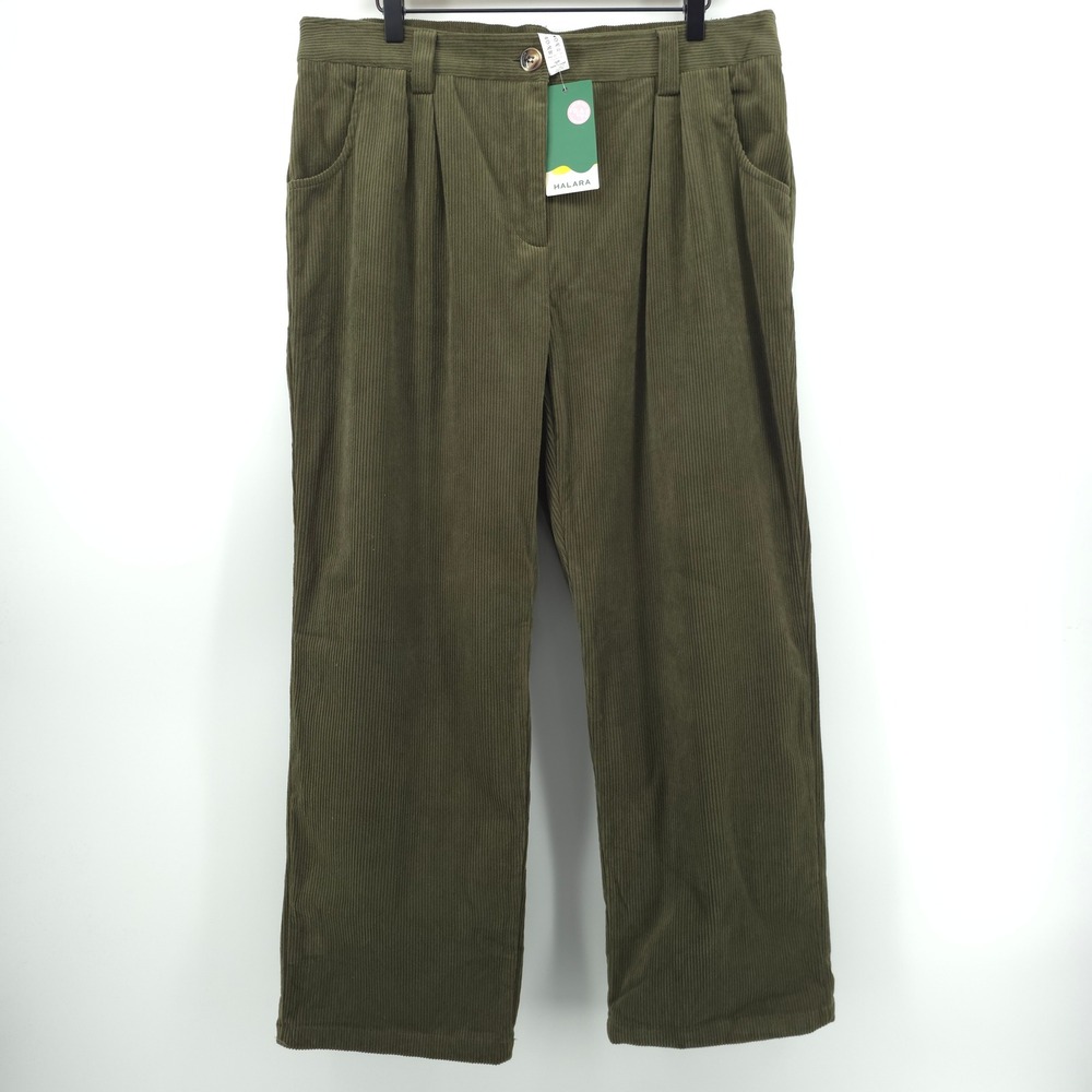 Halara Women Pants Corduroy Pleated XL Olive Green Wide Leg HR9BC - NWT